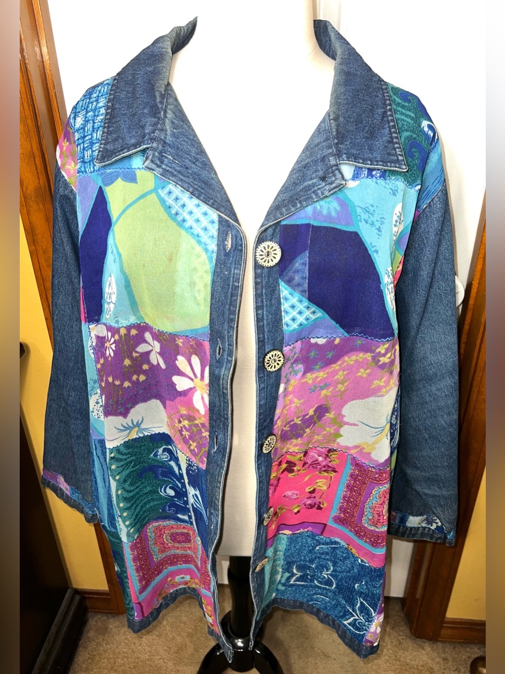 (READ) Venezia Vintage Patchwork Denim Jacket Jean Jacket Shacket Boho 4X